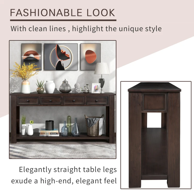 Rustic Chic Console Table with 4 Storage Drawers, Bottom Shelf, Solid Wood Frame, All Tools Included, 63" L x 14" W x 30" H, Dark Brown