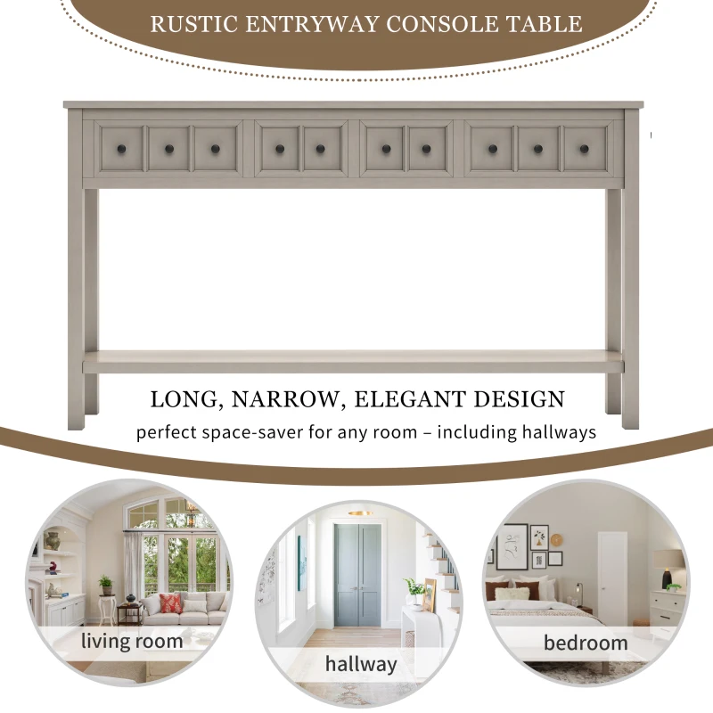 Rustic Entryway Console Table with Two Size Drawers, Bottom Shelf, Distressed Finish, Solid Timber Frame, 60" L x 11" W x 34" H, Gray