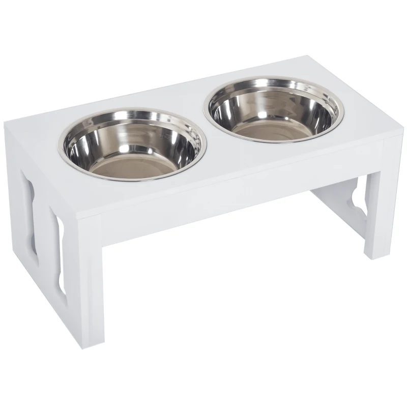 PawHut 23" Modern Decorative Dog Bone Wooden Heavy Duty Pet Food Bowl Elevated Feeding Station - White
