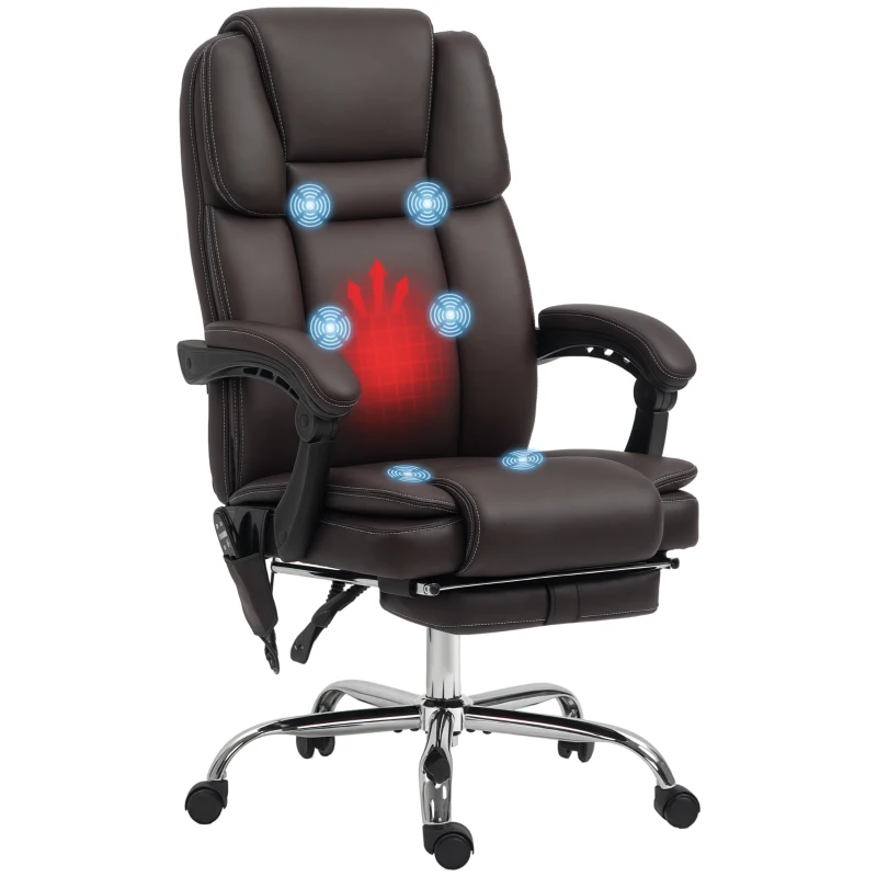 Vinsetto 6 Point Vibration Massage Office Chair, PU Leather Reclining Computer Chair with Adjustable Height, Brwon