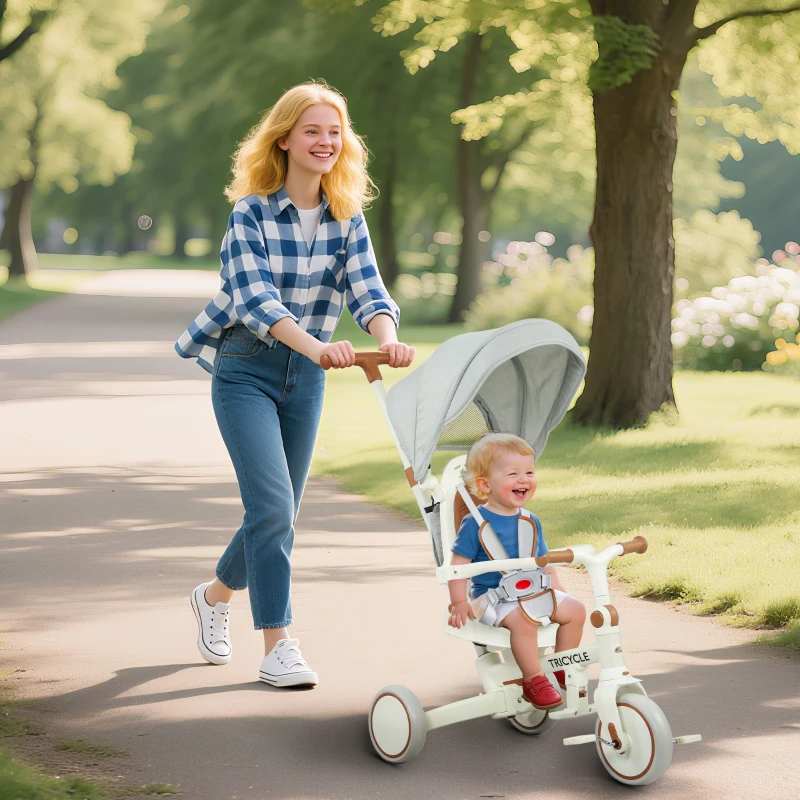 Qaba 7 in 1 Toddler Tricycle w/ Safety Harness, Adjustable & Removable Parent Handle, Canopy, Storage Bag, Brake, Cream White
