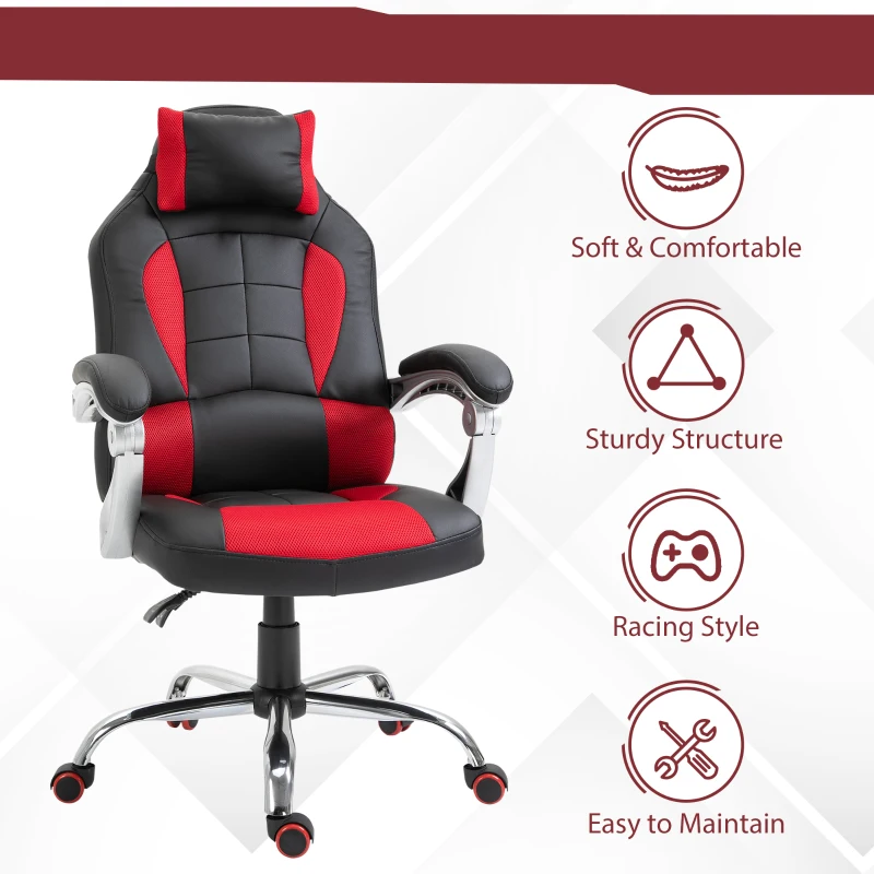 HOMCOM Racing Gamer Chair, High Back Faux Leather Gaming Chair with Headrest and Lumbar Support, Red