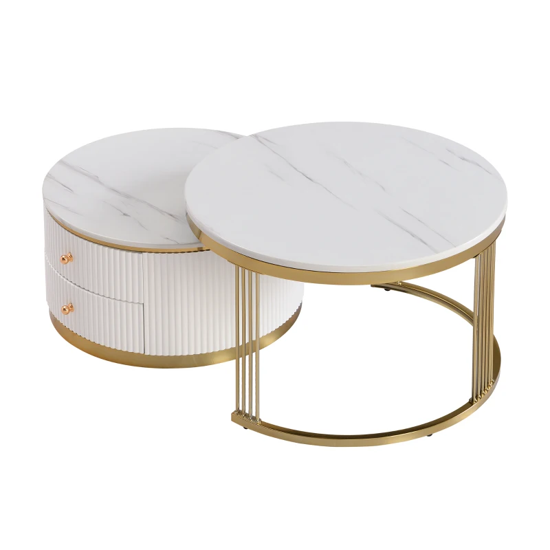 Modern Round Nesting Coffee Table Set with Drawers, MDF Top and Gold Legs, 2 Piece Set, 27.5" L x 27.5" W x 17.5" H, White+Gold