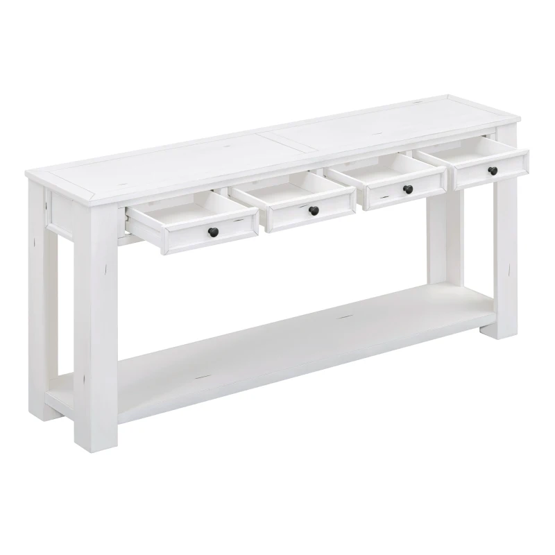 Rustic Chic Console Table with 4 Storage Drawers, Bottom Shelf, Solid Wood Frame, Ideal for Entryway, Hallway, 63" L x 14" W x 30" H, White