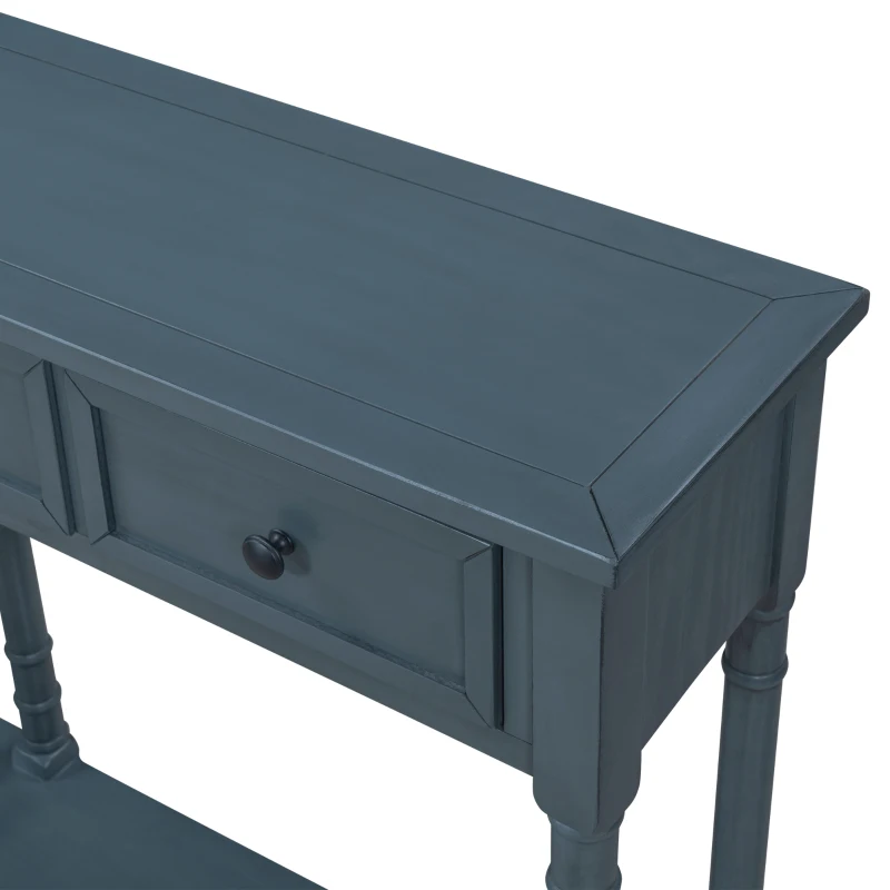 Console Table with Two Storage Drawers and Bottom Shelf, Solid Wood Frame, Easy Assembly, 58" L x 11" W x 34" H, Navy Blue