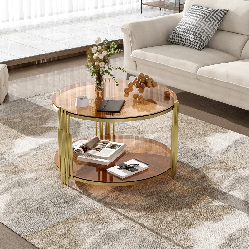 Modern Asymmetrical Coffee Table with Brown Glass Top, Circular Metal Drum Base, Lower Shelf, 31.5" L x 31.5" W x 20" H, Brown