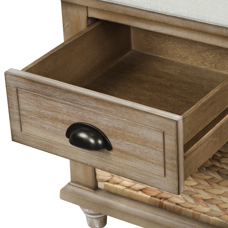 Rustic Storage Bench with 3 Drawers and Rattan Baskets, Acacia Wood Shoe Bench for Entryway, 42" L x 15.5" W x 19" H, White+Wood