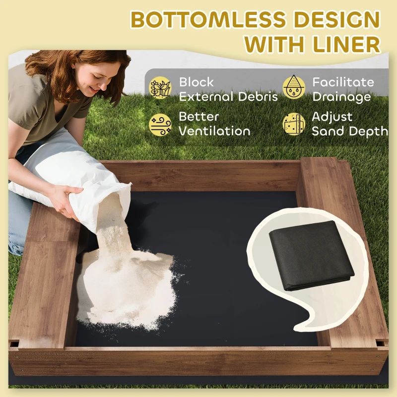 Qaba Kids Sandbox with Full Covered Canopy, Bench Seats, Bottom Liner, for Ages 3-6, 56" x 40" x 52", Brown