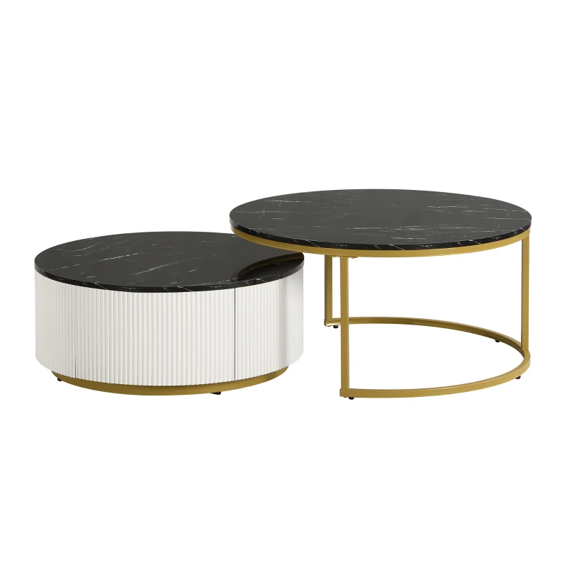 Modern Round Nesting Coffee Table Set with Storage Drawer, MDF Top and Metal Base, Fluted Design, 27.5" L x 27.5" W x 16" H, Black+Gold