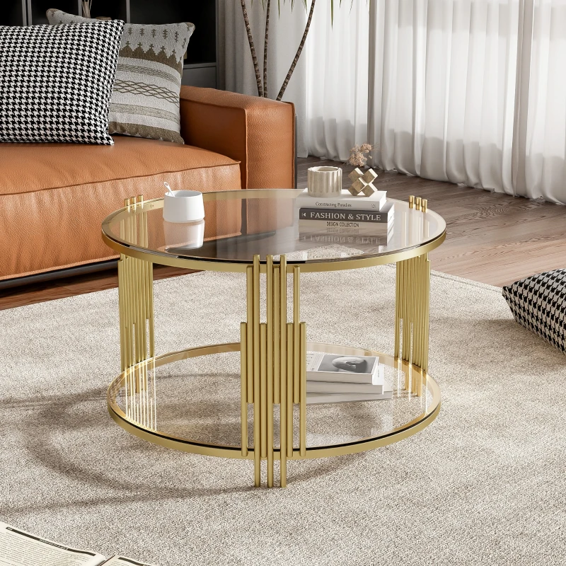 Modern Glass Coffee Table with Asymmetrical Metal Design, Circular Drum Base, Sofa Table with Lower Shelf, 31.5" L x 31.5" W x 20" H, Gold