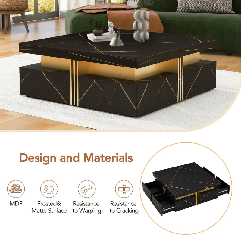 Modern Square Storage Coffee Table with 4 Functional Drawers, MDF Construction, Gold Accents, 43.5" L x 43.5" W x 16.5" H, Black+Gold