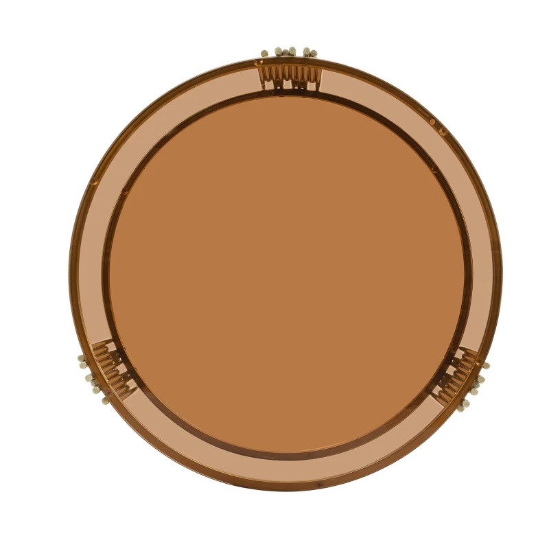 Modern Asymmetrical Coffee Table with Brown Glass Top, Circular Metal Drum Base, Lower Shelf, 31.5" L x 31.5" W x 20" H, Brown