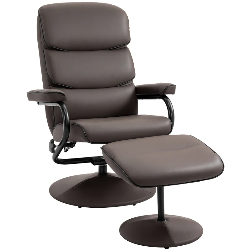 HOMCOM Recliner Chair with Ottoman, PU Leather Swivel High Back Armchair w/ Footrest, 135° Adjustable Backrest and Thick Foam Padding, Brown