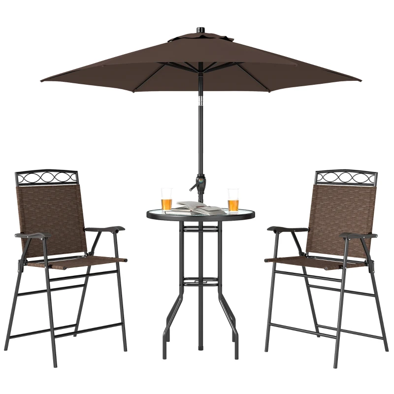Outsunny 4 Piece Outdoor Bar Set with Umbrella, Patio Dining Set with 2 Folding Chairs, Wave Textured Tempered Glass Table for Backyard, Garden, Deck, Poolside, Brown