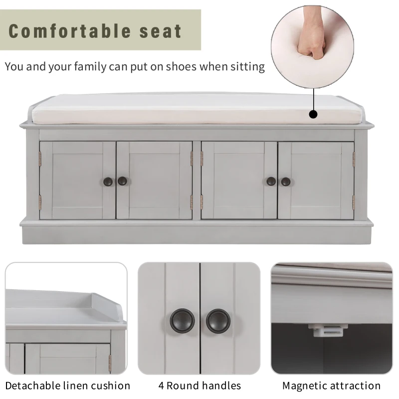 Storage Bench with 4 Doors and Adjustable Shelves, Comfortable Seating, Removable Cushion for Entryway, 43" L x 16" W x 17.5" H, Gray