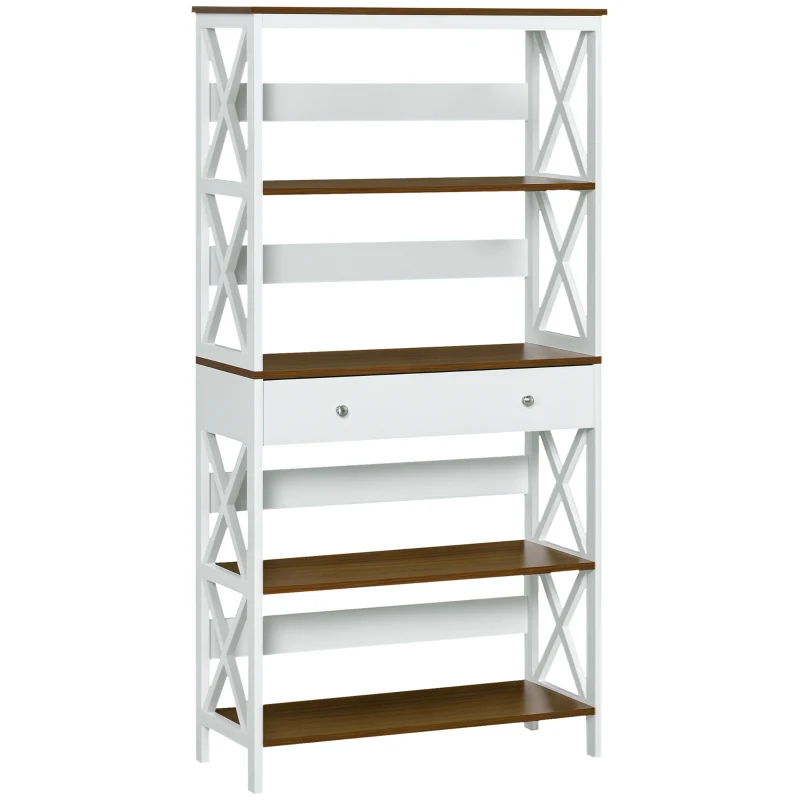 HOMCOM 4-Tier Shelving Bookcase Storage Cupboard with Pull Out Drawer, and Wooden Frame with X Bar Stability, White