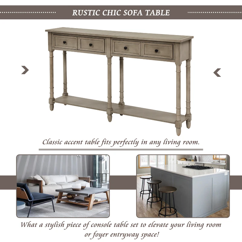 Console Table with Two Storage Drawers and Bottom Shelf, Solid Wood Frame, Easy Assembly, 58" L x 11" W x 34" H, Gray