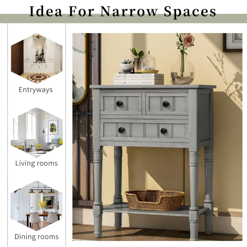 Narrow Console Table with 3 Storage Drawers, Bottom Shelf, Solid Wood Frame, Ideal for Entryway, Living Room, 24" L x 13" W x 31" H, Gray