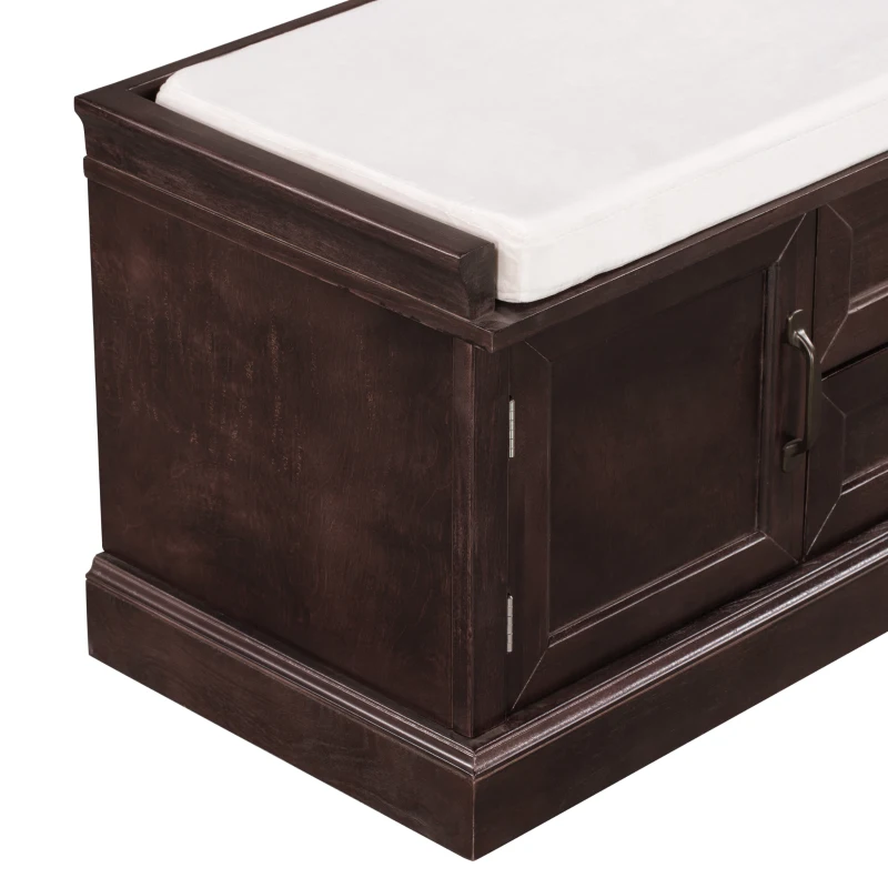 Storage Bench with 4 Doors and Adjustable Shelves, Removable Cushion for Entryway, 43" L x 16" W x 17.5" H, Dark Brown