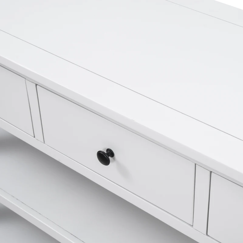 Mid-Century Retro Console Table with 2 Open Shelves, 3 Drawers, Pine Solid Wood Frame, Circular Handles, 50" L x 16" W x 30" H, White