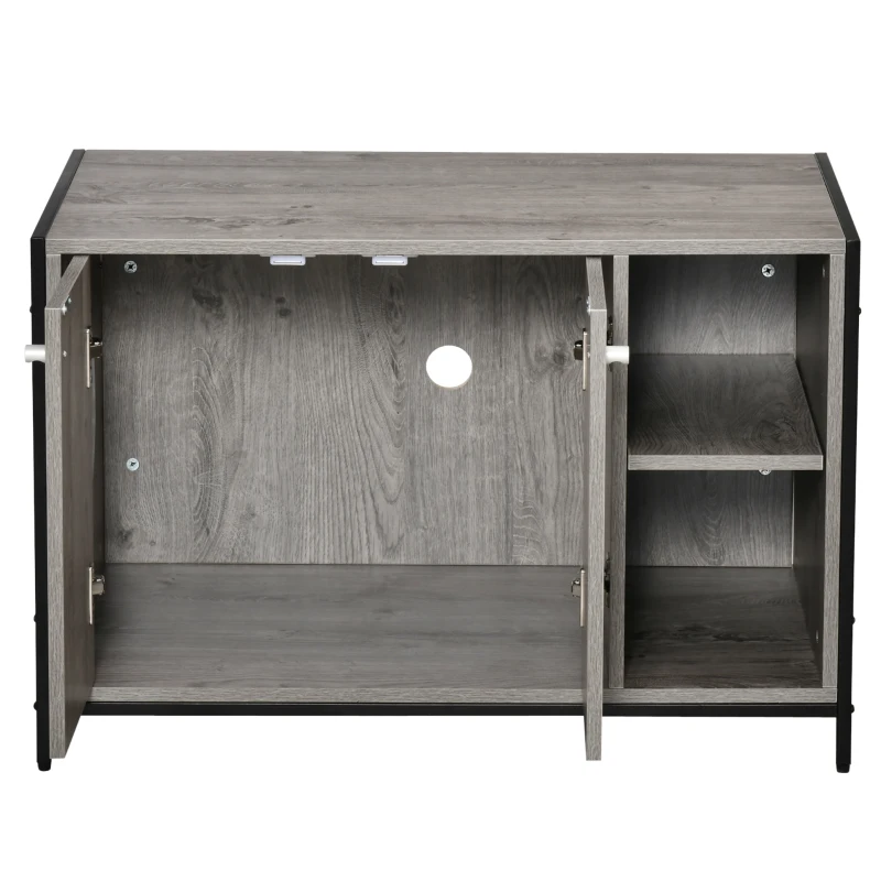 PawHut Large Wooden & Steel Cat Litter Box Enclosure, Kitten Washroom End Table, Indoor Hidden Cat House with Magnetic Doors & Storage Shelves, Gray