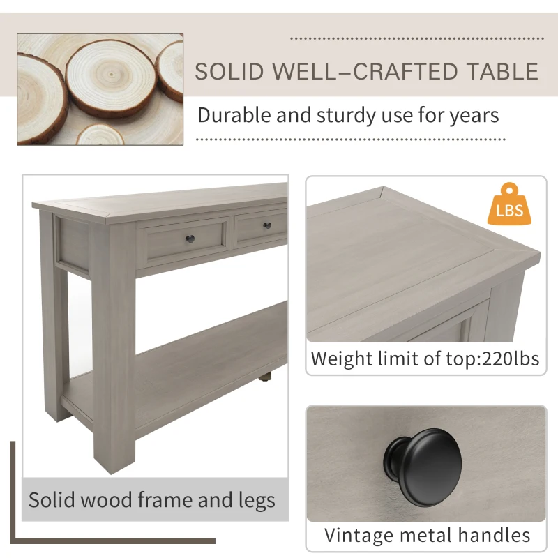 Rustic Elegant Console Table with 4 Storage Drawers, Bottom Shelf, Solid Wood Frame, All Tools Included, 63" L x 14" W x 30" H, Gray