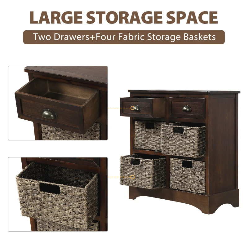 Rustic Storage Cabinet with Two Drawers and Four Rattan Baskets, Modern Farmhouse Style, Acacia Wood Frame, 28" L x 12" W x 28" H, Brown