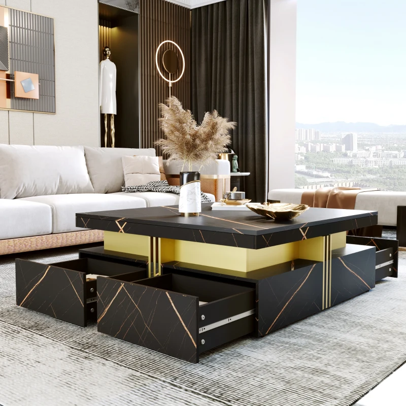 Modern Square Storage Coffee Table with 4 Functional Drawers, MDF Construction, Gold Accents, 43.5" L x 43.5" W x 16.5" H, Black+Gold