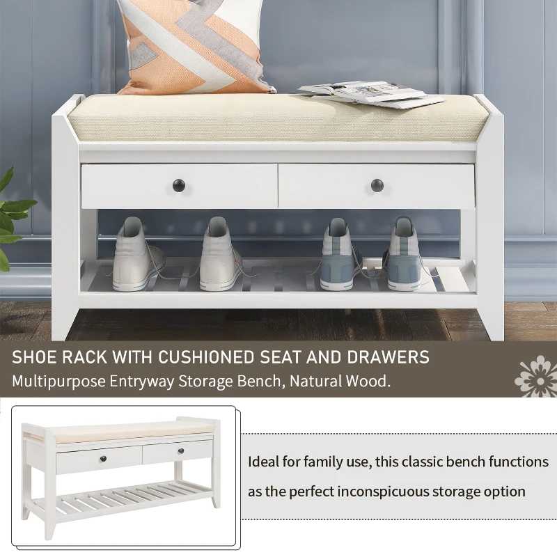Multipurpose Entryway Storage Bench with Pine Wood Construction, Shoe Rack with Cushioned Seat and Drawers, 39" L x 14" W x 20" H, White