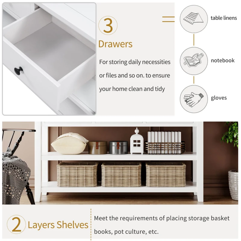 Mid-Century Retro Console Table with 2 Open Shelves, 3 Drawers, Pine Solid Wood Frame, Circular Handles, 50" L x 16" W x 30" H, White