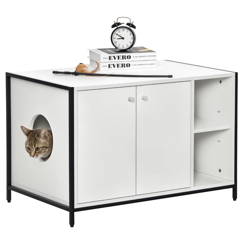 PawHut Large Cat Litter Box Enclosure, Litter Box Furniture Hidden with Magnetic Doors & Storage Shelves, Wooden Cat Washroom Indoor, 33" L x 20" W x 22" H, White