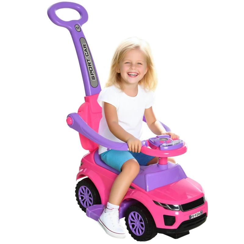Aosom 2 In 1 Push Cars for Toddlers Kid Ride on Push Car Stroller Sliding Car with Horn Music Light Function Secure Bar Ride on Toy for Boy Girl 1-3 Years Old Pink