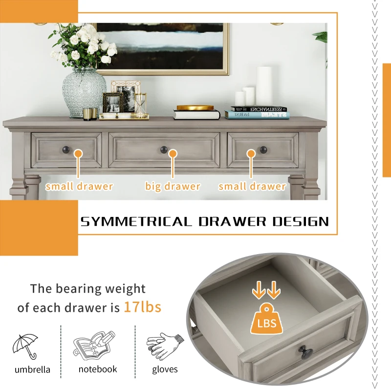 Classic Retro Console Table with 3 Drawers, Open Shelf, Vintage Metal Handles, Perfect for Entryway, Living Room, 50" L x 15" W x 30" H, Gray