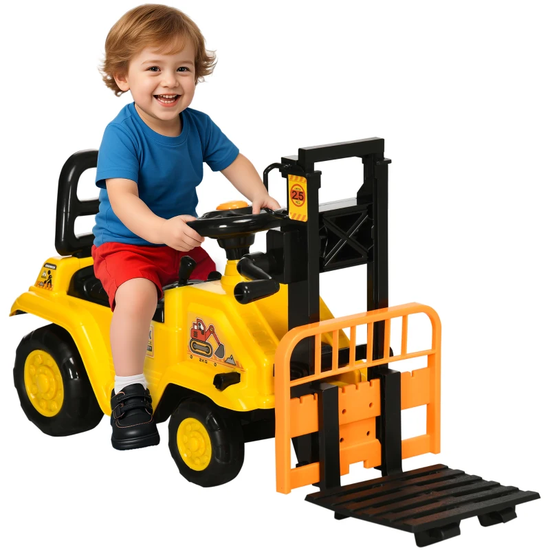 Aosom Sit and Scoot Ride-on Toy with Forklift Operation, Construction Toys for Kids with Under Seat Storage, Forklift Toy for 3-Year-Old Boys & Girls, Imagination Toys