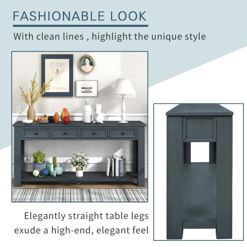 Rustic Chic Console Table with Storage Drawers, Bottom Shelf, Solid Wood Frame, Ideal for Entryway, Hallway, 63" L x 14" W x 30" H, Navy