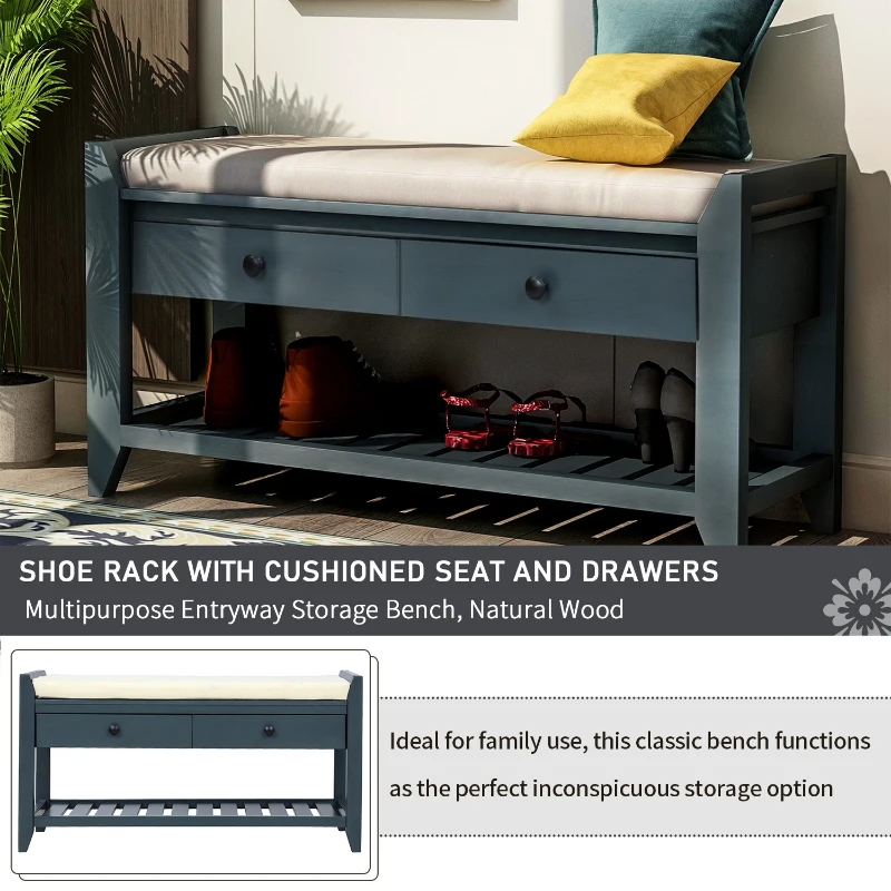 Shoe Rack with Cushioned Seat and Drawers, Pine Wood Frame, Multipurpose Entryway Storage Bench, 39" L x 14" W x 20" H, Antique Navy