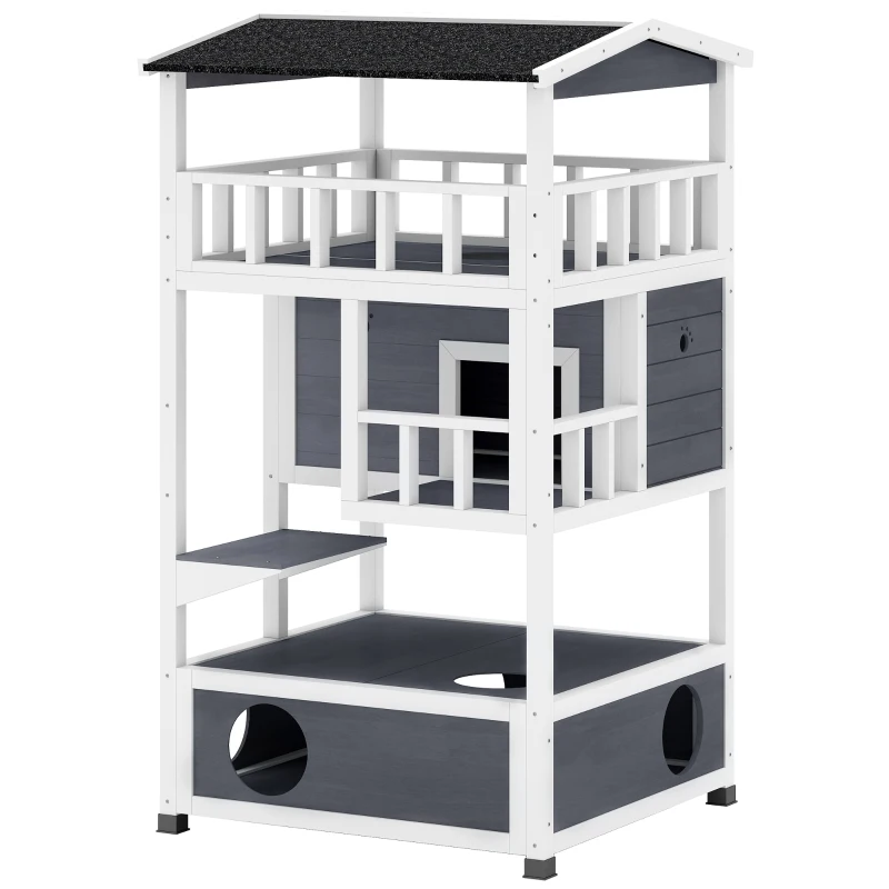 PawHut Wooden Outdoor Cat House, Feral Cat Shelter Kitten Condo with Asphalt Roof, Escape Doors, Condo, Jumping Platform, Gray