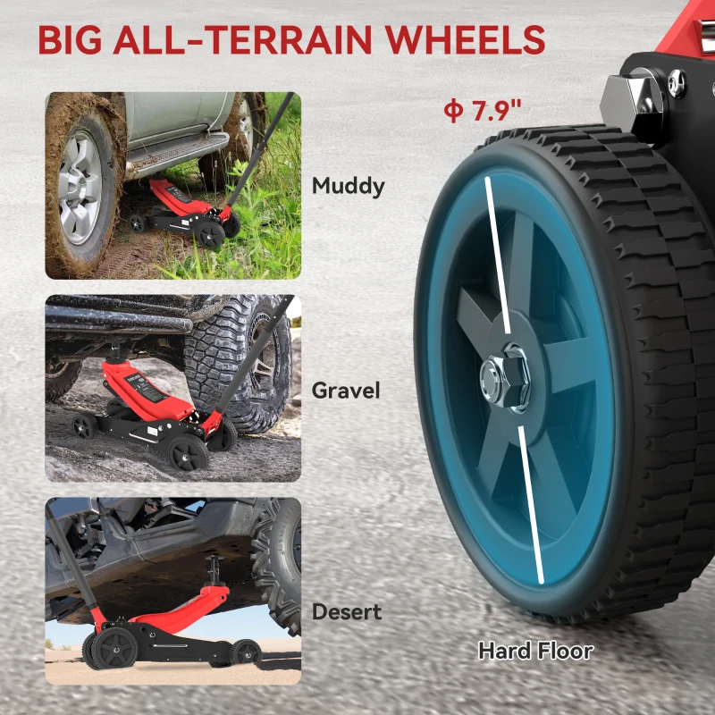 HOMCOM 3 Ton Big Wheel Hydraulic Car Jack Heavy Duty Steel Off-Road Jack with Extra Saddle for Trucks, SUVs, ATVs, Red