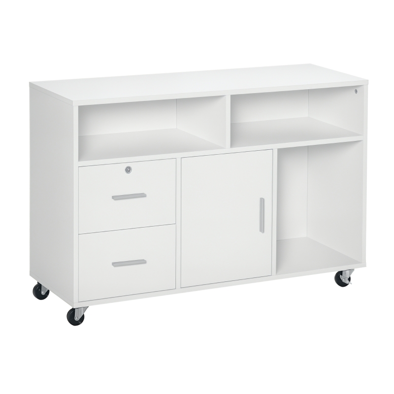 HOMCOM Printer Stand Home Office Mobile Storage Cabinet Organizer Desktop with Caster Wheels, 2 Locking Breaks and Drawer, White
