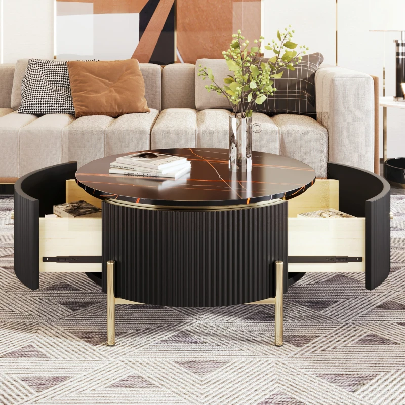 Modern Round Coffee Table with 2 Large Drawers, MDF Construction, Mrable Sofa Table with Golden Legs, 31.5" L x 31.5" W x 17" H, Black+Gold