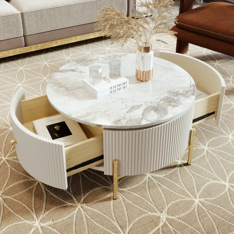 Modern Round Coffee Table with 2 Large Drawers, MDF Construction and Golden Legs, 31.5" L x 31.5" W x 17" H, Gold+White