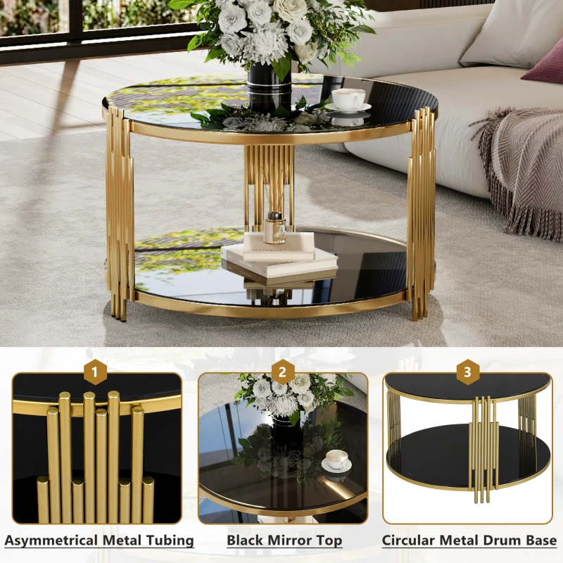 Modern Asymmetrical Coffee Table with Black Mirror Top, Circular Metal Drum Base and Lower Shelf, 31.5" L x 31.5" W x 20" H, Black