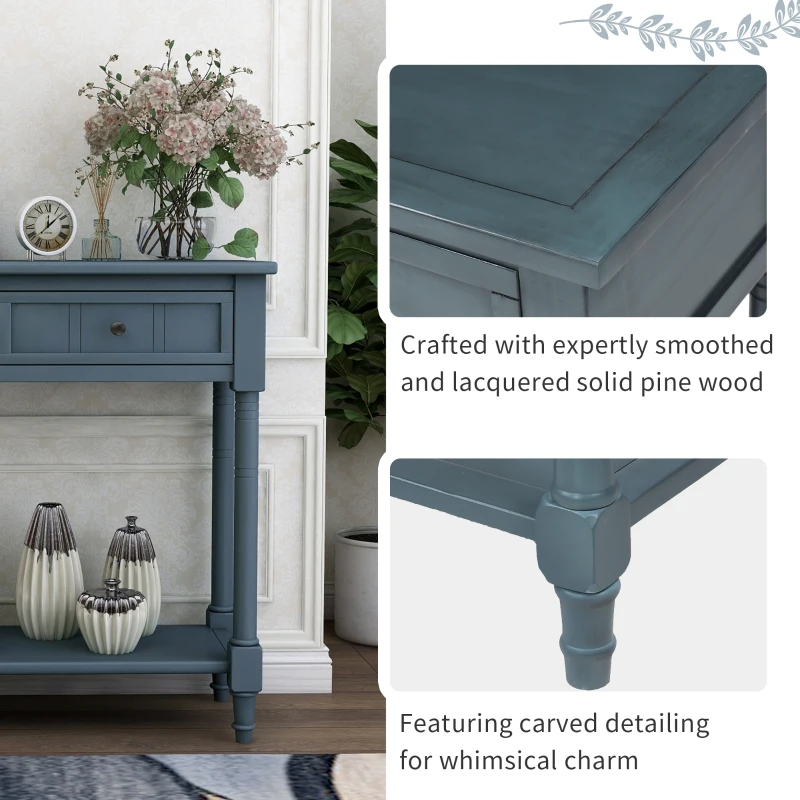 Daisy Series Console Table, Traditional Design with Two Drawers and Bottom Shelf, Pine Wood Frame, 35.5" L x 14" W x 30" H, Navy