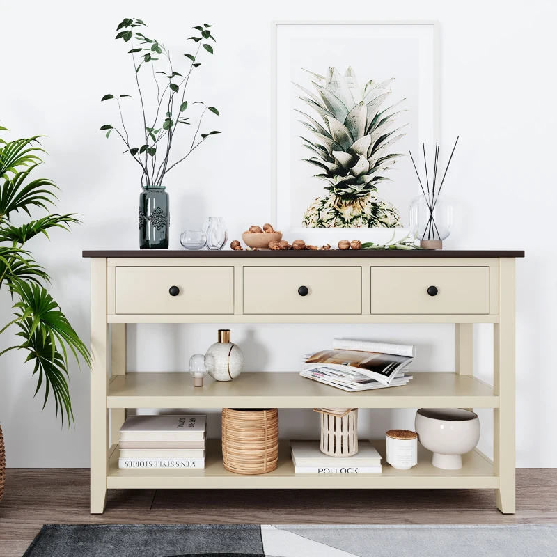Mid-Century Retro Console Table with 3 Drawers, 2 Open Shelves, Circular Handles, Solid Pine Wood Frame, 50" L x 16" W x 30" H, Beige