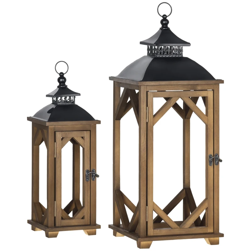 HOMCOM 2 Pack 31"/21" Large Rustic Lantern Decorations, Hanging Wooden Metal Indoor Covered Outdoor Lantern for Home Decor (No Glass), Black and Dark Wood Color