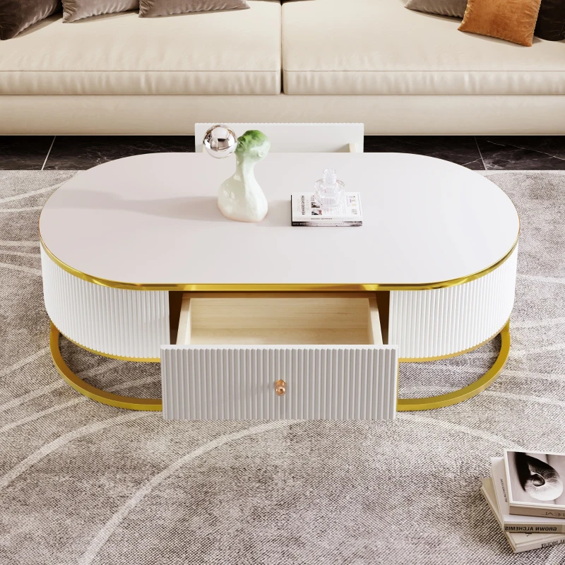 Modern High-Gloss Oval Coffee Table with Storage Drawers, Gold Lacquered Metal Base, Curved Design, 47" L x 23.5" W x 14.5" H, White+Gold