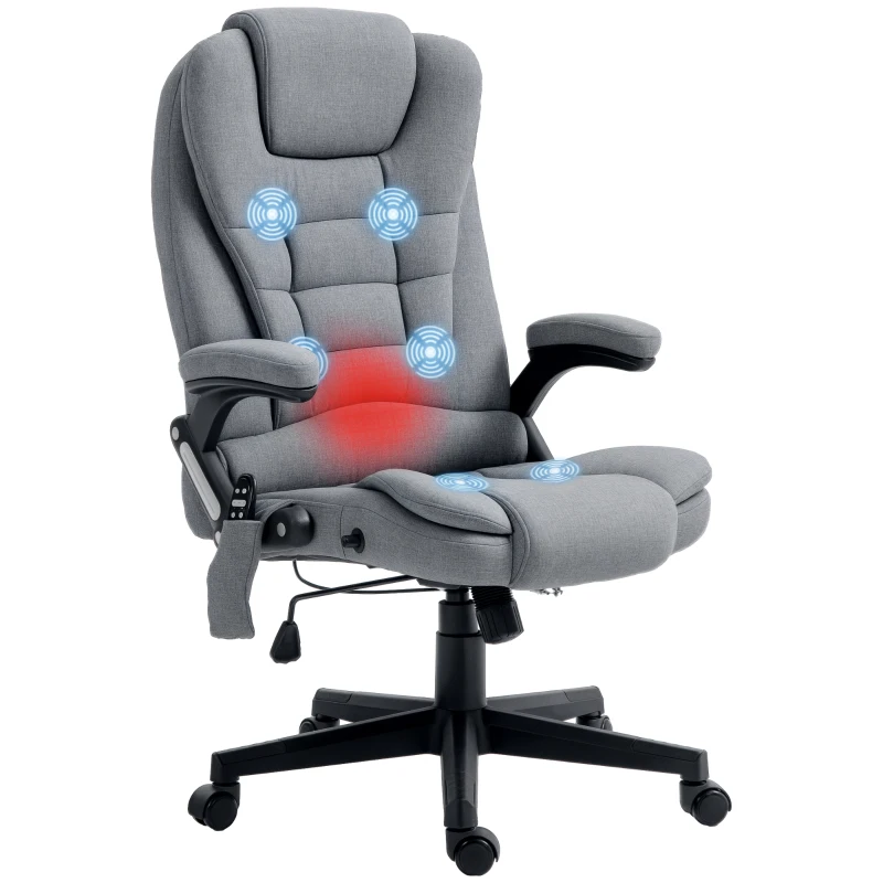HOMCOM 6 Point Vibrating Massage Office Chair with Heat, Linen High Back Massage Desk Chair with Reclining Backrest, Gray
