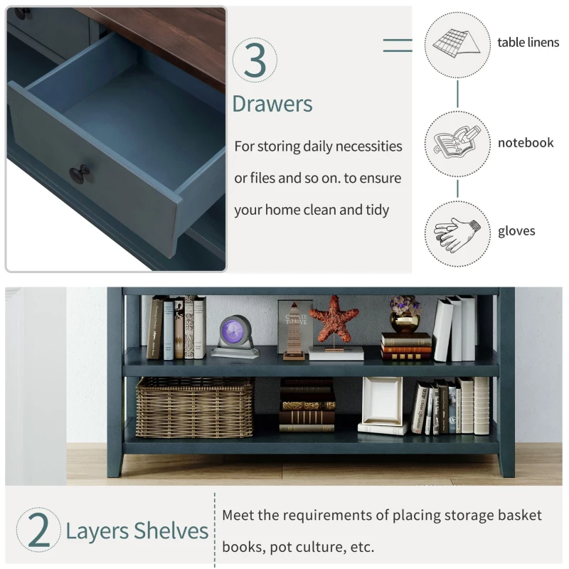 Mid-Century Retro Console Table with 2 Open Shelves, 3 Drawers, Pine Solid Wood Frame, MDF Tabletop, 50" L x 16" W x 30" H, Navy