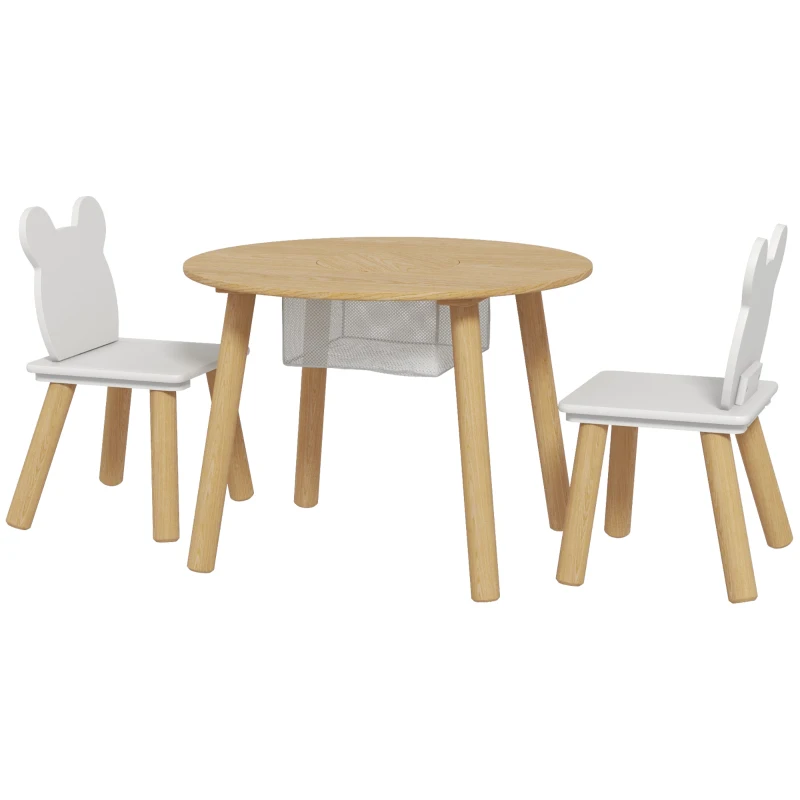 Qaba 3 Pieces Kids Table and Chair Set, Activity Table and Chair Set with Bear-Shaped Chairs, Mesh Bag