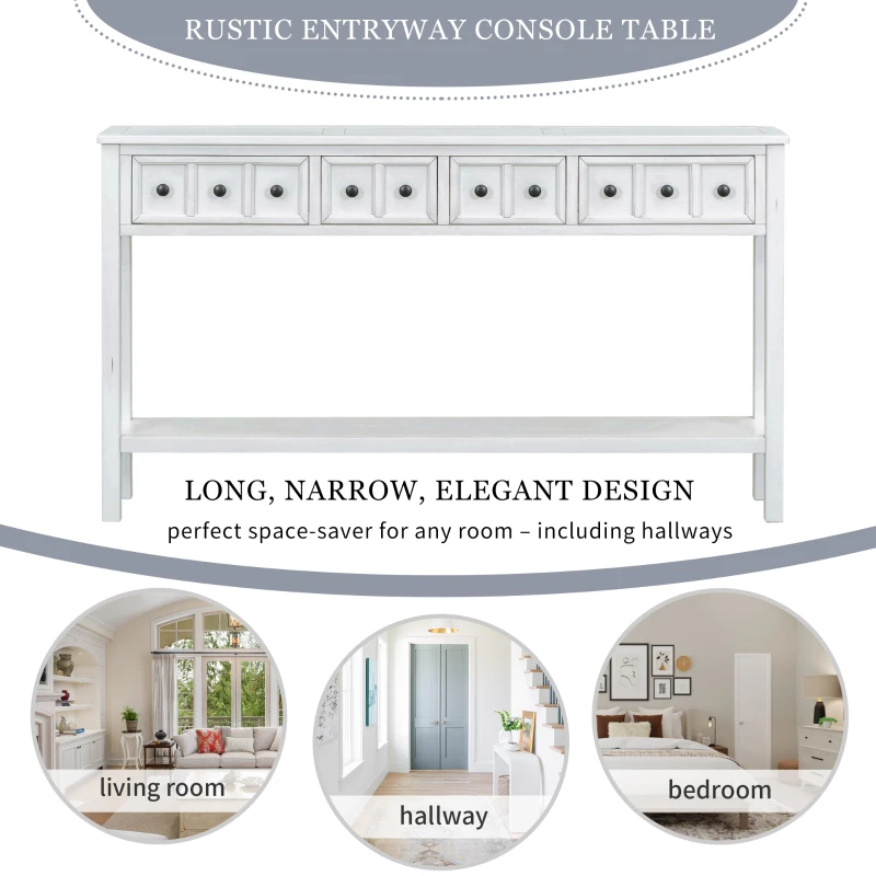 Rustic Entryway Console Table with Two Sizes of Drawers, Bottom Shelf, Ideal for Living Room, Hallway, 60" L x 11" W x 34" H, White
